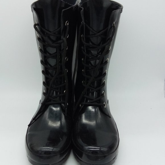 ROMA Black Epaga Lace Up Rain Rubber Combat Boots Sz 8 - Picture 4 of 12